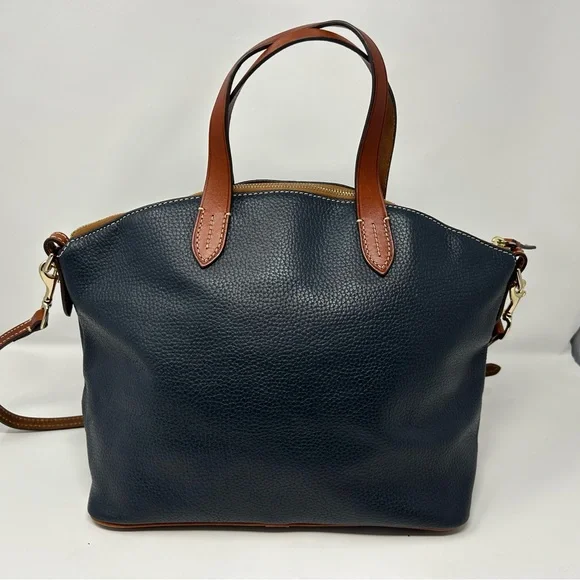 Dooney & Bourke Pebble Grain Zip Zip Satchel Navy & Tan Leather Purse - Picture 5 of 13